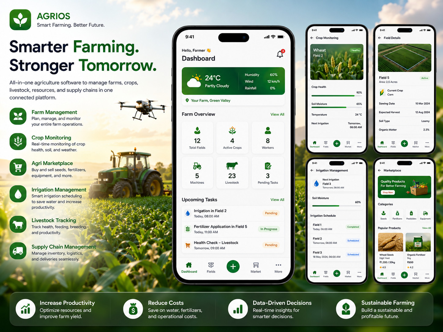 A farm management app across four phones, showing a farm dashboard with weather, crop monitoring, field details, irrigation scheduling and an agri marketplace
