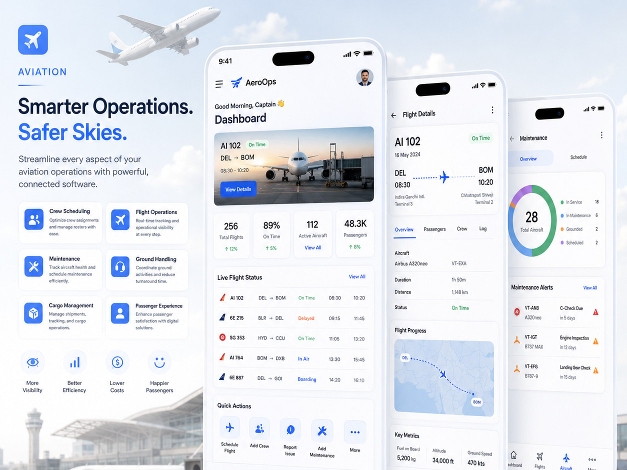 An airline operations app across three phones, showing a flight dashboard, live flight status, flight progress and aircraft maintenance alerts