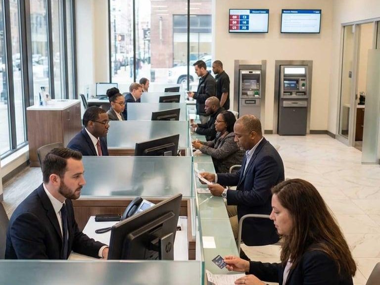 Tellers serving customers along a bank branch counter, with ATMs and queue displays behind