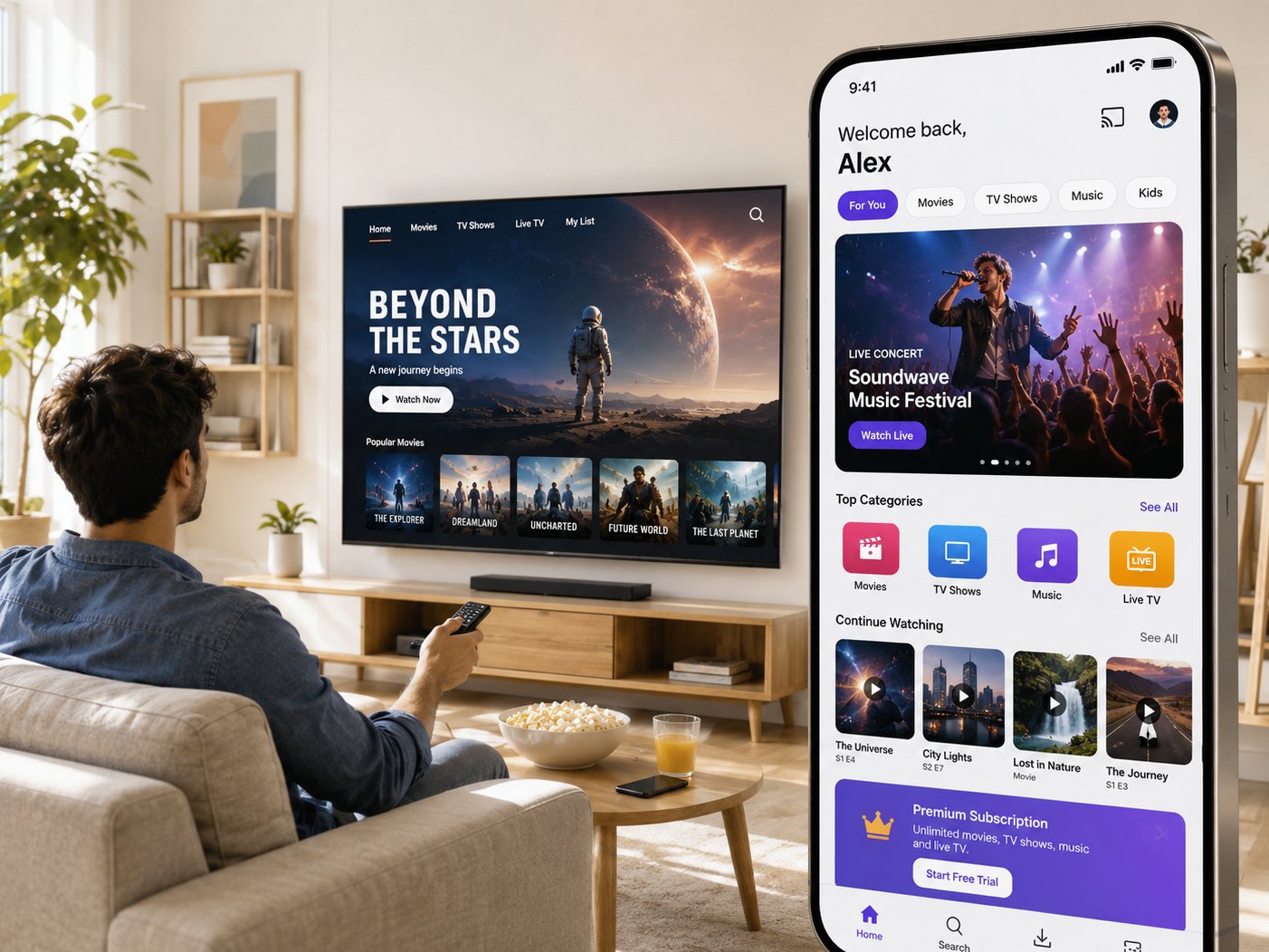 A viewer watching a streaming service on a television beside the same platform on mobile, showing live concerts and continue watching