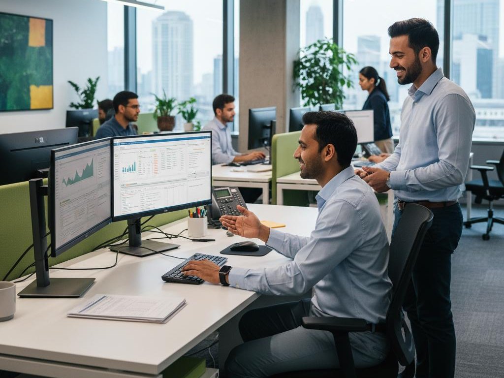 Two colleagues reviewing financial reporting dashboards on dual monitors in an open-plan office