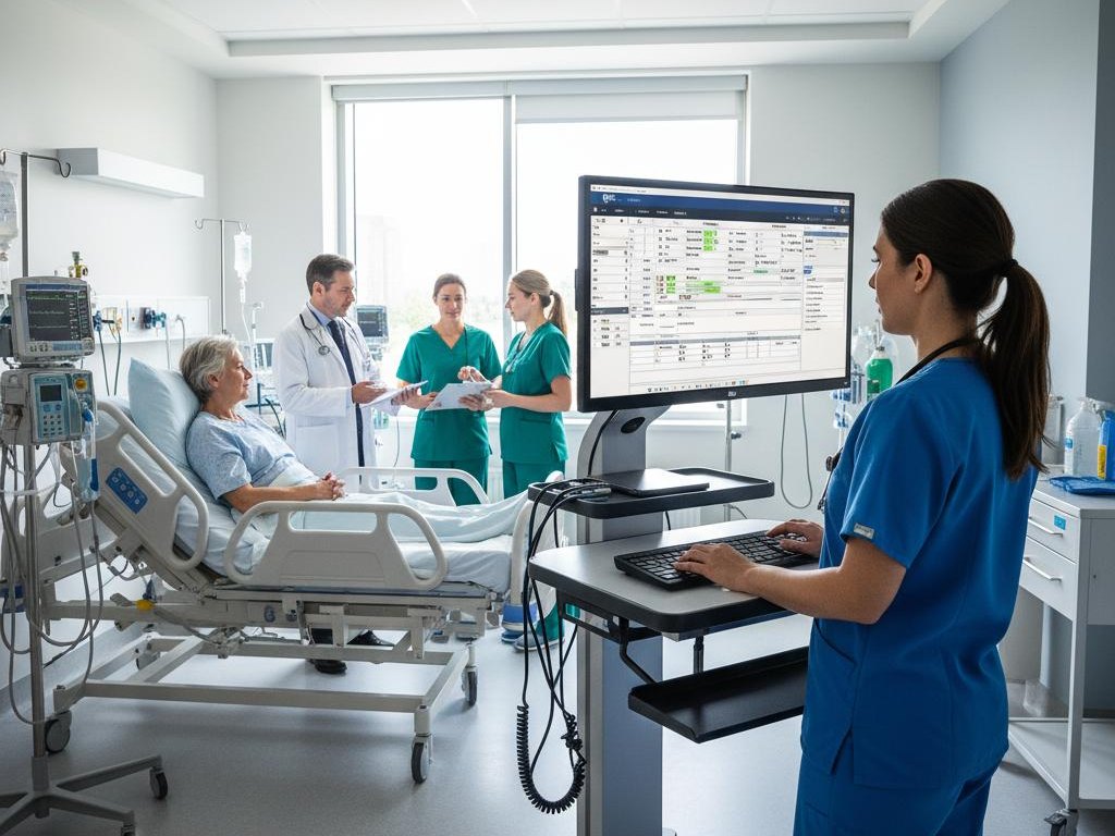 A nurse updating patient records at a ward workstation while a care team reviews notes at the bedside