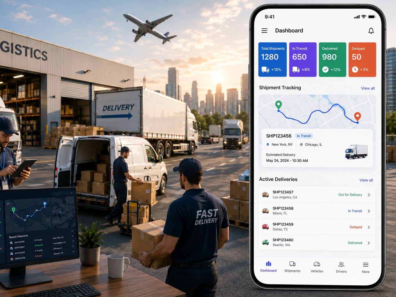 A depot loading bay beside a logistics dashboard showing shipment counts, live tracking and active deliveries