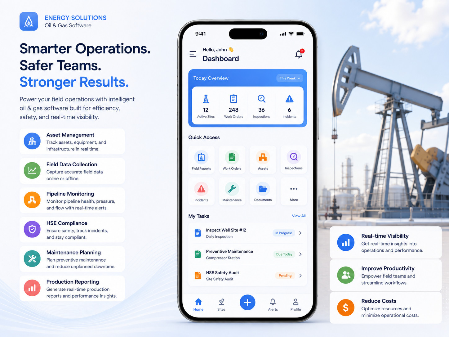 An oil and gas field operations app beside a pumpjack, showing active sites, work orders, inspections and incidents alongside asset, maintenance and HSE tasks