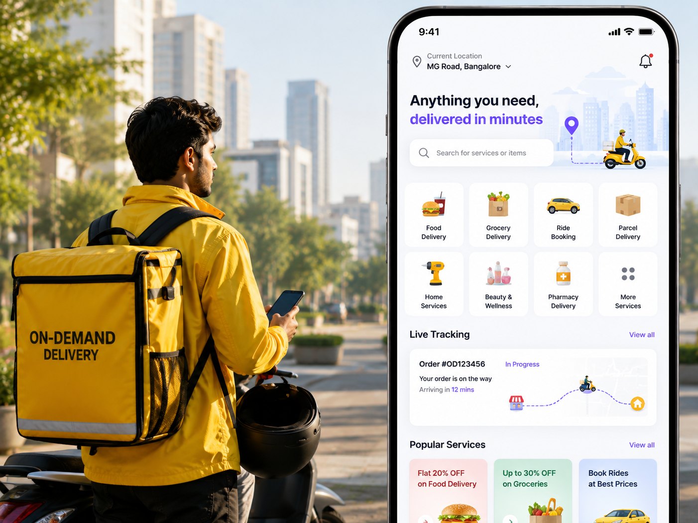 A delivery rider with an on-demand app showing food, grocery, ride and parcel services with live order tracking