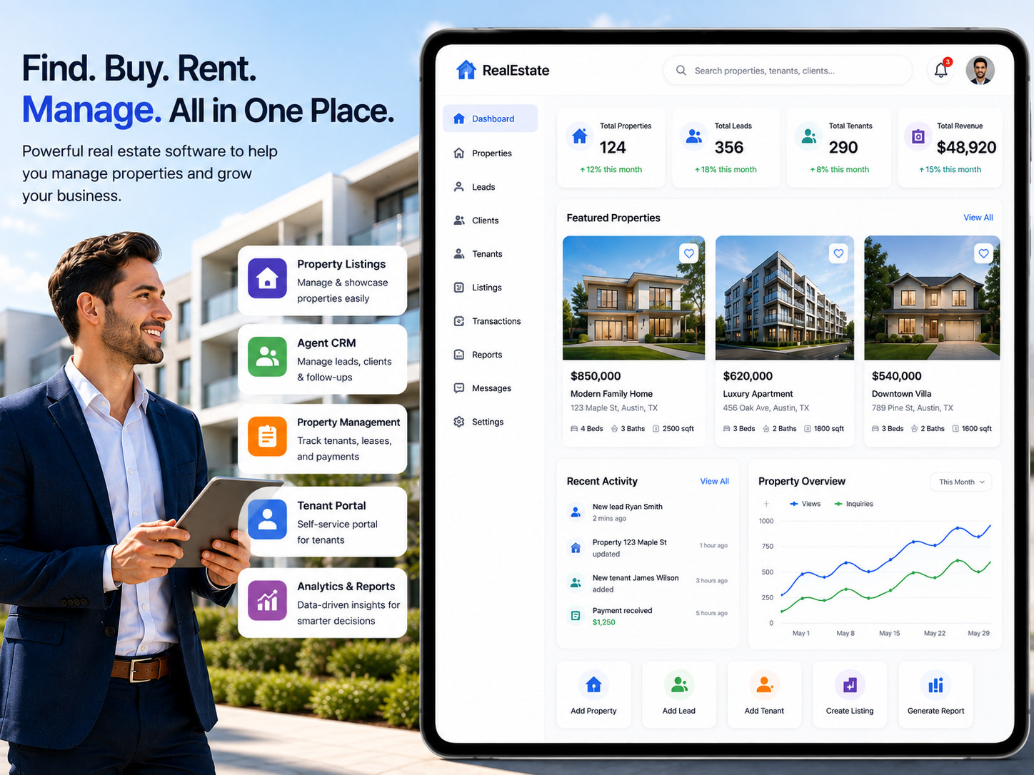An estate agent with a tablet outside a development, beside a property management dashboard showing listings, leads, tenants and revenue