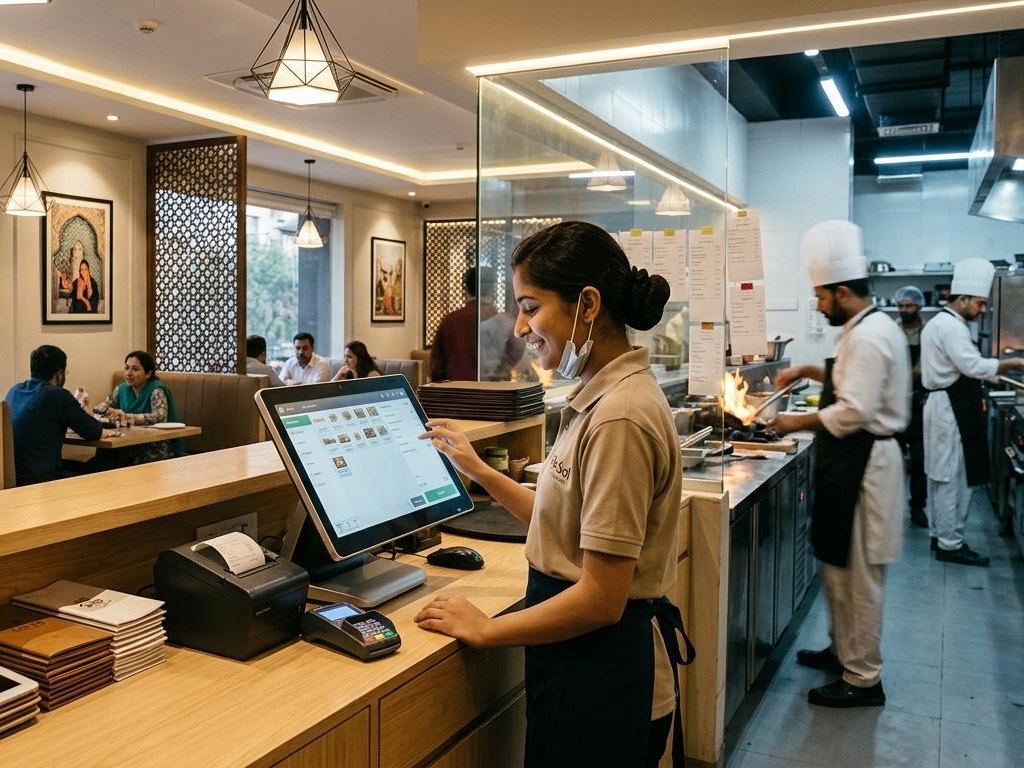 A server taking an order on a counter POS terminal with the kitchen line working behind
