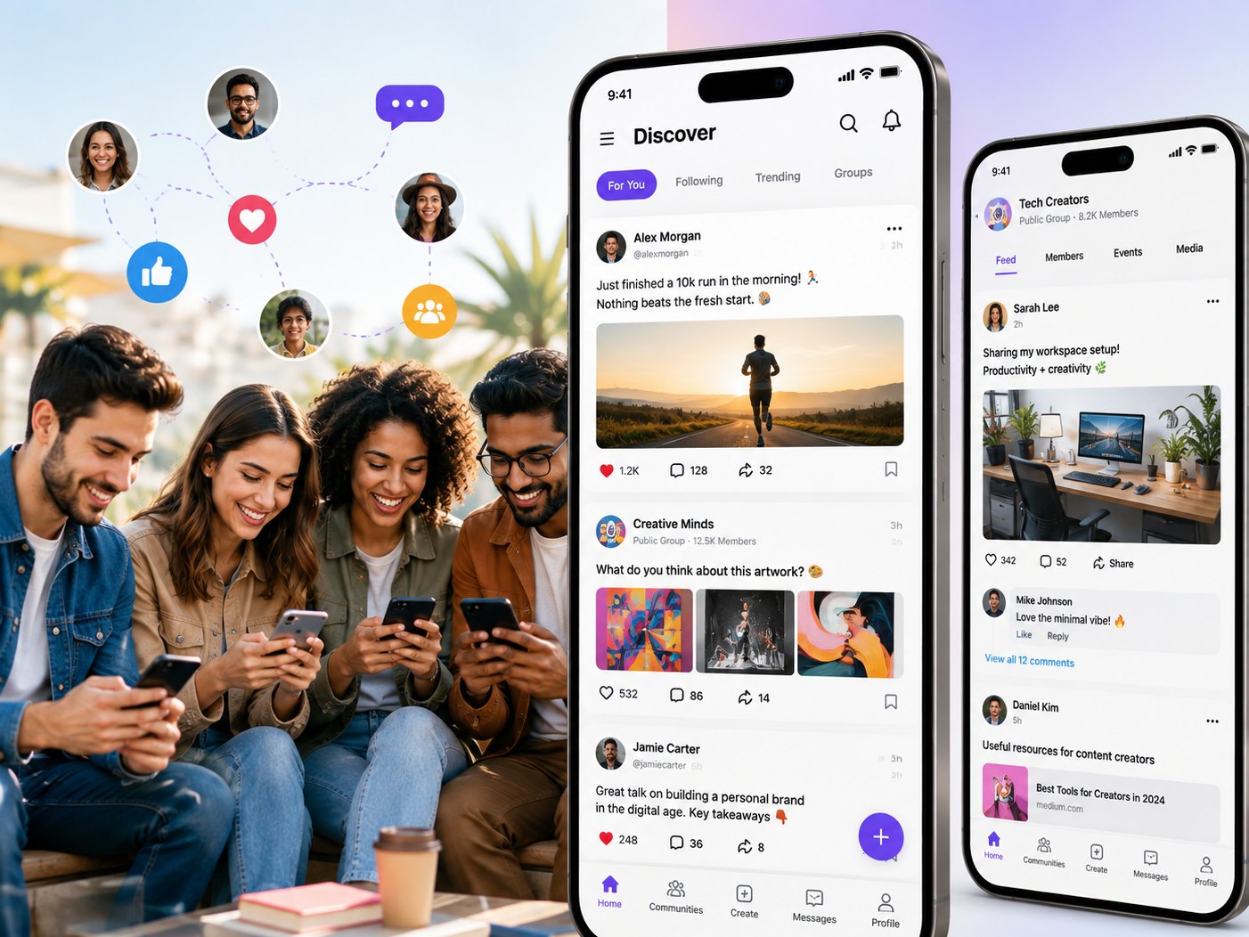 Friends on their phones beside a social app showing a discover feed, groups and community posts