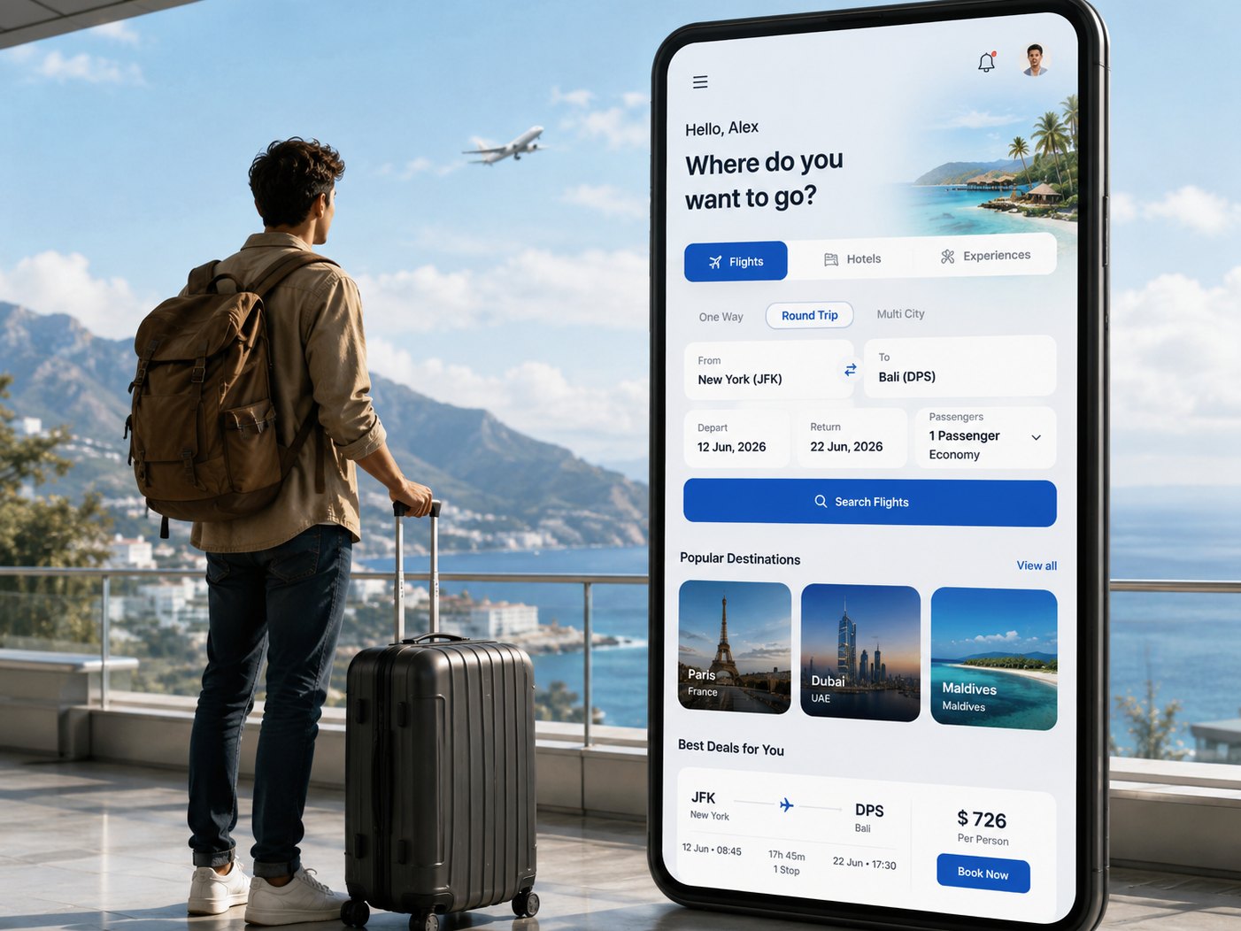 A traveller at an airport beside a flight booking app showing search, destinations and fares